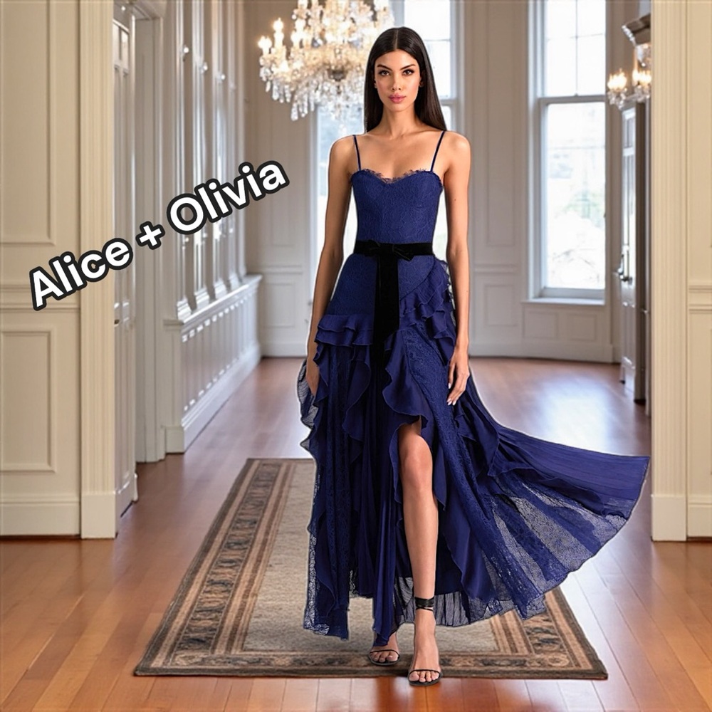 Alice + Olivia Milla Lace Maxi Dress - Blue Lace and Black Velvet Evening Dress - Picture 5 of 10
